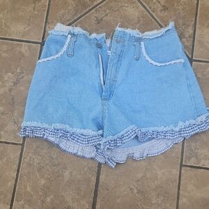 Blue Jean Shorts with Distressed Hem and Gingham Trim